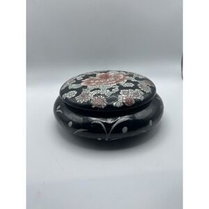 Vintage Hand Painted Vessel Porcelain Trinket Dish Floral & Lid‎